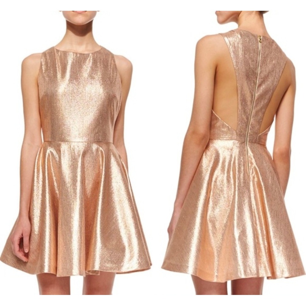 Alice + Olivia Lia Circle Dress Mini Dress XS Rose Gold Metallic Cocktail Party